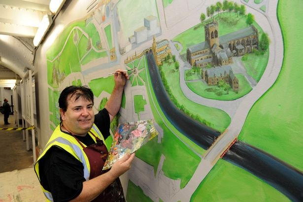Paisley mural No. 43: "Tourism Map Mural" by Kevin Cantwell on Gilmour Street Station, Paisley town centre